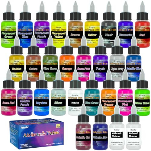 Roizefar Airbrush Paint Kit, 28 Colors with 2 Thinners, Neon and Metallic Colors, Ready to Spray Acrylic Air Brush Paints, Water-Based Airbrush Painting Set for Artists Beginners