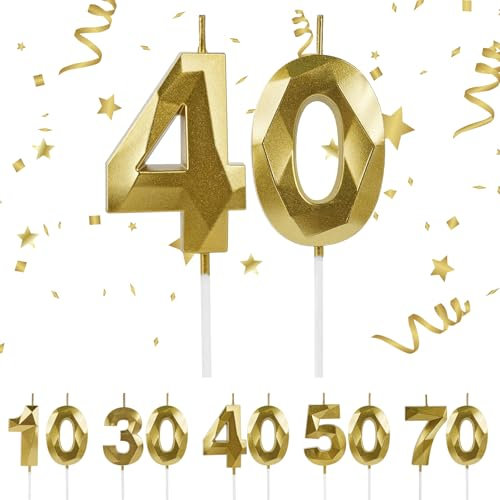 URAQT Candele di Compleanno Numero, Candele di Compleanno Oro Glitter, Adatto A Feste di Compleanno, 2 Candele Digitali 3D, Feste di Anniversario di Matrimonio, Serate di Laurea (40)