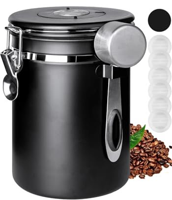 INFTYLE Airtight Coffee Canister, 1800ML, White, Stainless Steel Air Tight Lid Container with Date Tracker and Scoop Food Storage Jar for Grounds Coffee, Beans, Flour, Cereal (Black)