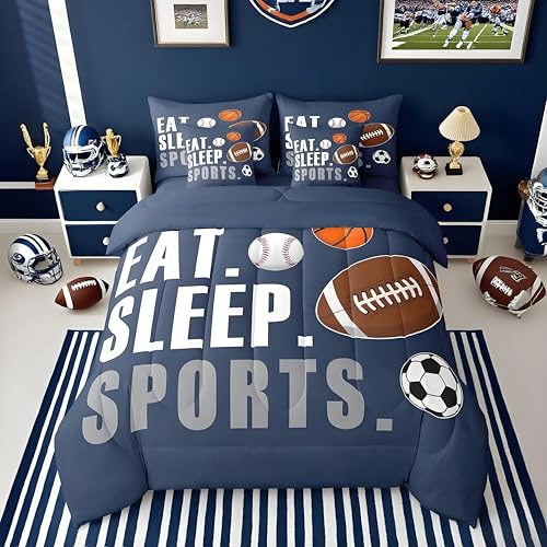 Feelyou Sports Comforter Set 7 Pieces Queen Size Boys Bedding Set Kids Football Basketball Baseball Soccer Bed in A Bag with Sheets, Pillow Covers, Pillowcases, Navy Blue Sports Game Comforter