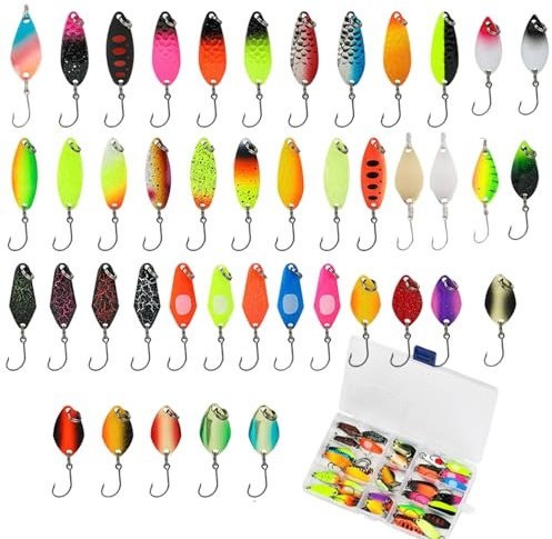 Xmart 43 Stück hochwertige Forellenköder Spoons Forelle mit Aufbewahrungsbox Forellen Köder Verschiedene Größen 2.3g/2.8g/3.3g/5g Geeignet für Meerwasser und Süßwasser für Bass Forelle