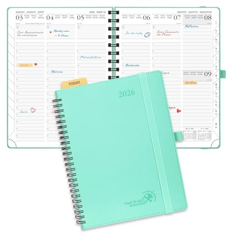 POPRUN Agenda Settimanale 2026 Verticale Spirale, 22 x 16,5 cm, Copertina Morbida, Weekly Planner 2026 con Portapenne Autoadesivoc, Pelle Vegana e Carta Spessa da 100 GSM, Verde