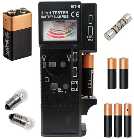 Testeur d'ampoules et de fusibles 3 en 1 - Outil de test multifonction AAA, AA - 9 V - Code couleur - Facile à utiliser, compact, portable, analogique