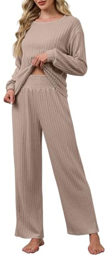 CheChury Conjunto Punto Mujer Conjuntos de 2 Piezas Mangas Largas Jersey y Pantalones Pierna Ancha Chic y Elegante Traje de Casa Cómodo Pijamas Holgado Casual Conjunto Chandal Mujer Completo Invierno