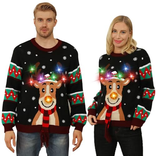 Kouric Pull de Noel Lumineux,Pull Moche de Noel Femme Homme,Unisexe Pulls de Noël Drole,Pull Noel Moche Couple Assortis,Pull Noel Famille Hiver Chaud Xmas Outwear-Drole Renne Noir-XXL