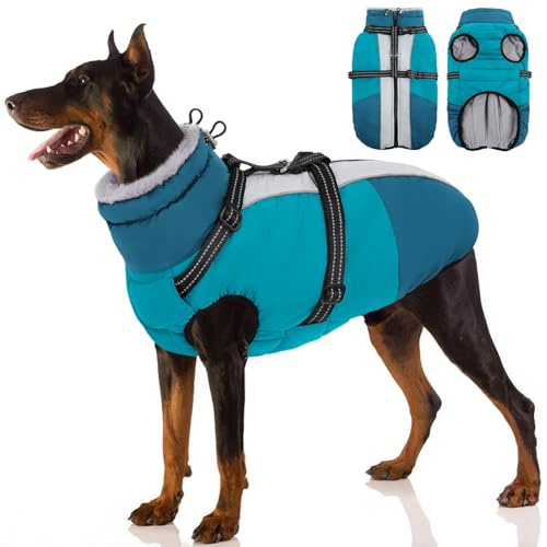 SUNFURA Dog Coat, Dog Jacket for Large Dogs with Harness Built in, Warm Pet Winter Coat Zip Up Snow Jacket with Furry Collar for Boston Terrier, French Bulldogs, Turquoise L