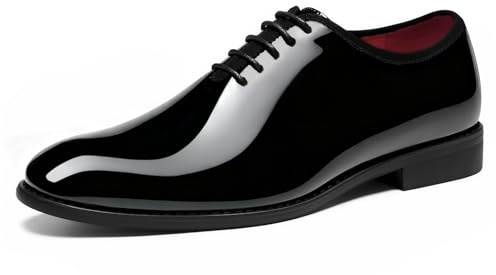 HEEZ Men's Dress Shoes Patent Leather, Formal Tuxedo Shoes for Men with Plain Toe, Non Slip Lace up Oxford for Wedding Prom Party Dance Business Black