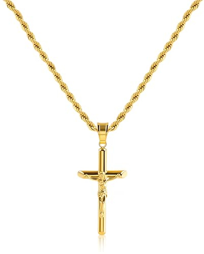 ALEXCRAFT Disponibile In Vari Colori Collana Crocifisso Gesù Regolabile | 50cm E 55cm Collana Uomo Ciondolo Croce Crocifisso Stile Classico Robusta Per Uscite Casual Uomo Regalo Religioso