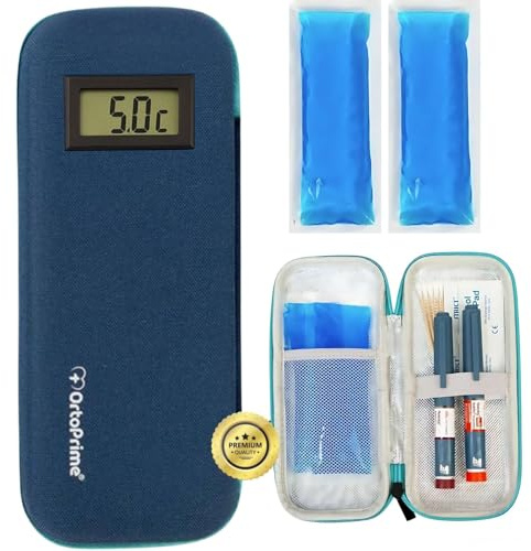 OrtoPrime Nevera para Insulina FRÍO X2 GELES INCLUIDOS Porta insulina - Isotérmico Insulina FRÍO 12H Nevera Insulina Viaje - Nevera Medicamentos Portátil para DIABÉTICOS 12H (Azul con Termómetro)