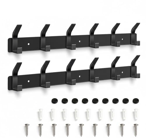 2 Stück Garderobe mit 6 Haken, Garderobenhaken Wand aus Aluminium, Kleiderhaken Hakenleiste für Schlafzimmer, Bad, Küche, Garderobenleiste für Jacken, Mäntel, Taschen, Hüte und Handtücher (Schwarz)