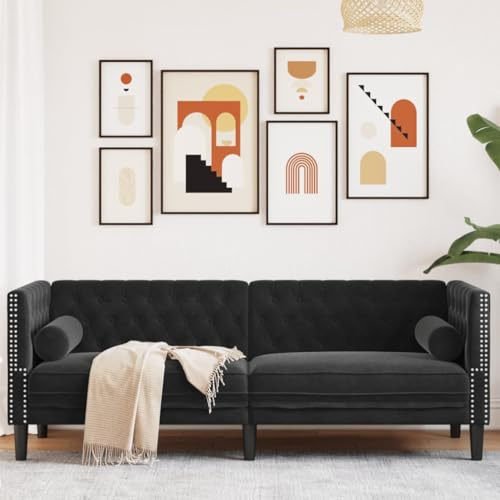 Ordellia Sofá Chesterfield de terciopelo negro de 3 plazas, diseño elegante para salón, cómodo acolchado, incluye dos cojines cervicales