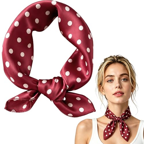 BEZHO Bandana 50x50 cm, Pañuelo para Cuello y Cabeza, Mujeres, Estampado Lunares Rojo, Accesorio para Cabello, Bolso, Estilo Vintage