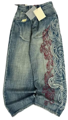 UBOHUZ Mönster broderi säckiga jeans män och kvinnor High Street vintage hiphop vardaglig par vida ben byxor för streetwear och daglig användning
