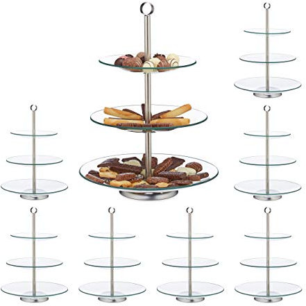 Relaxdays Set of 8 Étagère, 3-Tier, Cupcake, Cookies, Fruit, Muffin Serving Stand, Glass, Stainless Steel, Silver/Clear