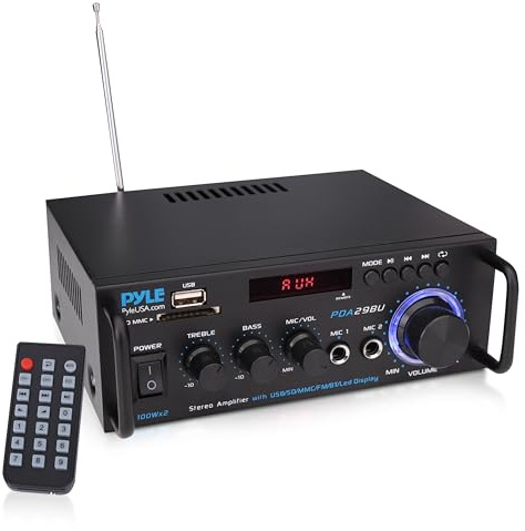 Pyle 200W Stereo Power Amplifier with Bluetooth - Dual Channel Audio Receiver - LED Display - RCA - USB - SD - MIC IN - FM Radio - AUX Input - Perfect for Home & Computer Audio - PDA29BU.5