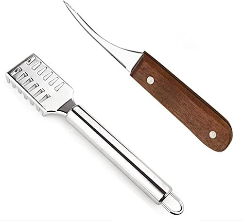 Coltello Multifunzionale per Squame di Pesce in Acciaio Inossidabile Raschietto per Scaglie di Pesce, Coltello per Gamberetti in Acciaio Inossidabile con Manico in Legno