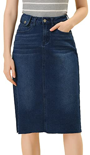 Allegra K Women's Casual Jean Skirt Back Slit Raw Hem Stretch High Waist Denim Skirts X-Large Dark Blue