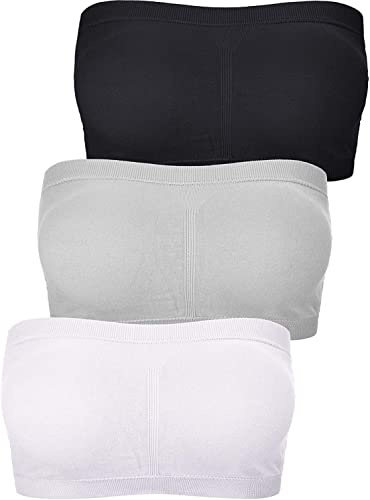 FULIER Women Bandeau Bra Padded Strapless Brarette Soft Bra Seamless Stretchy Bandeau Tube Top Bras (Black, White, Grey, L)