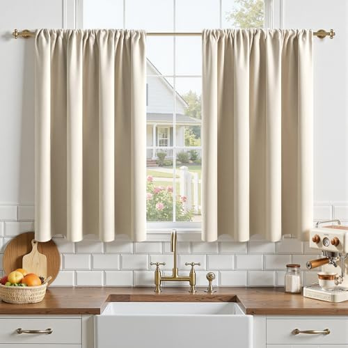 MRTREES Petit Rideau Occultant Beige de Cuisine 60x90 CM Tissu Impermeable Rideaux Courts Thermiques Isolant Anti Froid et Chaleur Passe Tringle pour Fenetre Chambre Armoire sous Evier, 2 Pièces