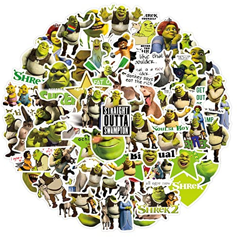 Simpatici adesivi Cartoon MShrek 50 pezzi per bottiglie d'acqua Skateboard per computer portatile, simpatico adesivo regalo per bambini adolescenti impermeabili