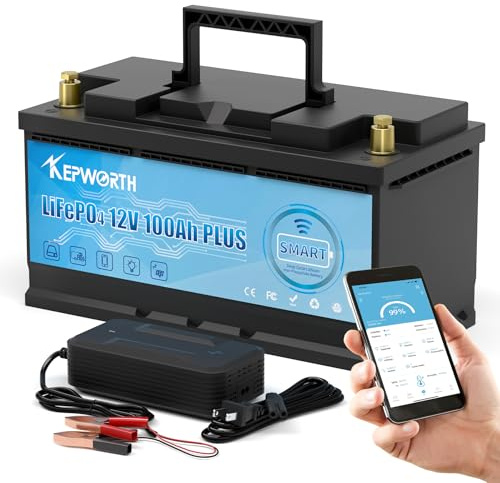 KEPWORTH Litiumbatteri 12V 100Ah Bluetooth LiFePO4 Litiumjärnfosfat-batteri Med Smart 100A BMS, 10 års Livslängd, för off-grid, Husvagnar, husbil, solenergisystem, hembackup, UPS, marin