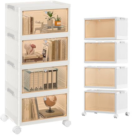 KOADOA Storage Boxes with lids, 4 Tier Collapsible Organiser Containers with Doors, Foldable Platics Storage Box for Closet Bedroom Bathroom Kitchen Office