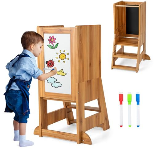 COSTWAY Tour d'apprentissage Enfant avec Hauteur Réglable & Tableau, Tour d'Observation Montessori en Bois avec Rail de Sécurité & Pieds Anti-Bascule, Charge 70kg pour Enfant de 1-7 Ans (Naturel)