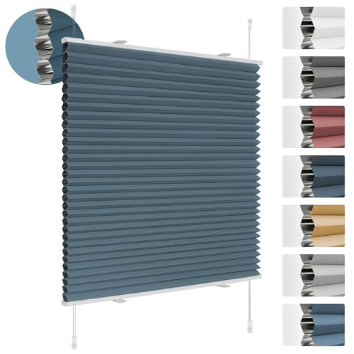 Deswell Plissee Verdunklung Klemmfix Wabenplissee B65 x H110 cm Blau Thermoplissee ohne Bohren Faltrollo für Fenster & Tür, 100% Blickdicht, Sicht- & Schallschutz Wärmehaltung Verdunklungsplissee