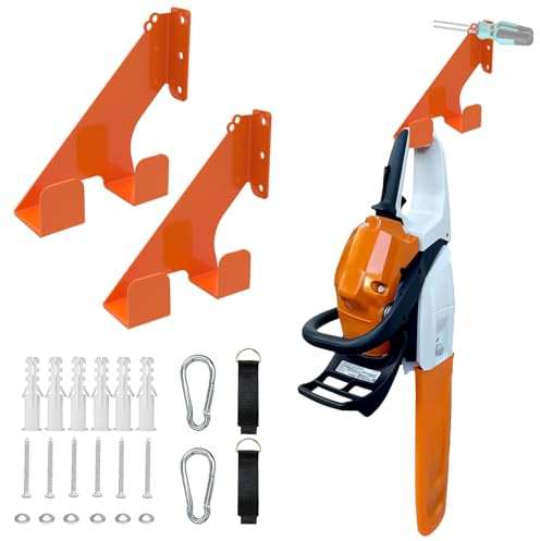 2 soportes para sierras de motor montados en la pared, aptos para Stihl, Husqvarna,Echo motosierra, accesorios, soporta 150 kg, accesorio forestal, protege contra el óxido y ahorra espacio en garajes