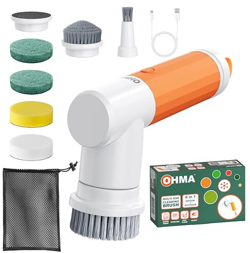 OHMA – Brosse Électrique Rotative 6 en 1, IPX7 Étanche, Rechargeable USB-C – Nettoyage 2 Vitesses Réglables – Salle de Bain, Cuisine, Vitres, Joints, Voiture – Accessoires Inclus – 3 Ans de Garantie
