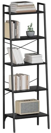 Oak & Tea Regal, Bücherregal 5 Ebenen, Standregal, Leiterregal, 172 cm, offenes Schmales Ablagen, Stahlrahmen, Industriedesign, für Büro, Arbeitszimmer, Wohnzimmer, Schlafzimmer, Schwarz