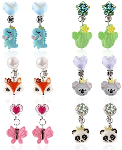 Pendientes Clip Niña, 6 Pares Pendientes de Clip para Niños, Con Animales, Cactus y Pequeños Monstruos Resina de Dibujos Animados Oreja, para Fiestas, Accesorios Diarios (C)