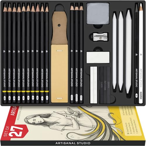 ARTISANAL STUDIO Sketching Pencils Set of 27 Pcs - Drawing Pencils for Artists and Professionals, Graphite & Charcoal Art Set with Blending Stumps, Sandpaper, Erasers & Sharpener