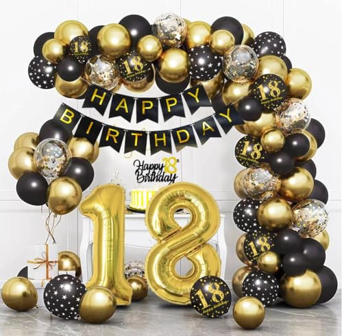 Decoration Anniversaire 18 Ans Noir Or, Arche Ballon 18, Guirlande Anniversaire, Confetti Ballons, Décorations de Fête Noir Or pour 18 Ans Femme Homme