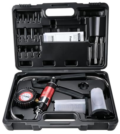 FreeTec 23PC Vacuum Brake Bleeding Kit, 2 In 1 Hand Vacuum Pump with Guage, One Man Brake Bleeder Extractor Pump for Car Motorcycle Automotive Truck (Black)