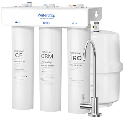 Waterdrop T3-T, Sistema de Ósmosis Inversa 7 Etapas con Remineralización, Flujo Rápido de 220 GPD, Relación 2:1 (Agua Pura/Desecho), Certificado NSF/ANSI 372 Sistema Debajo del Fregadero con Tanque