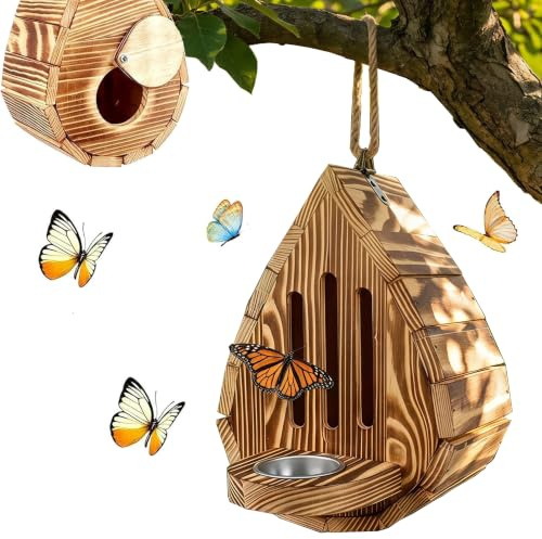 Wooden Butterfly House with Feeder, Outdoor Shelter for Garden