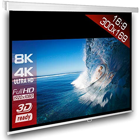 SlenderLine Beamer Leinwand 300 x 169 cm | Format 16:9 | 1.2 Gain | FULL-HD 4K 8K & 2D/3D geeignet | manuelle Rolloleinwand für Heimkino & Präsentation | 4-kant Gehäuse - direkte Decken- bzw. Wandmontage | Aufrollmechanismus mit mehrfach Arretierung