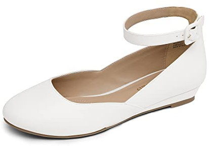 DREAM PAIRS Women's Ballet Flats Pumps Ballerina Ankle Strap Elastic Low Wedge Sandals Round Toe Comfy Dolly Shoes,Size 5,White/pu,REVONA