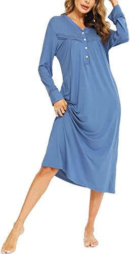 Vlazom Camicia da Notte Donna Invernale Lungo con Bottoni e Scollo a V | Lunghezza Lunga Elegante, Pieghe sul Davanti e Bottoni Decorativi, Tasche Laterali Pratiche, Disponibile in Più Colori
