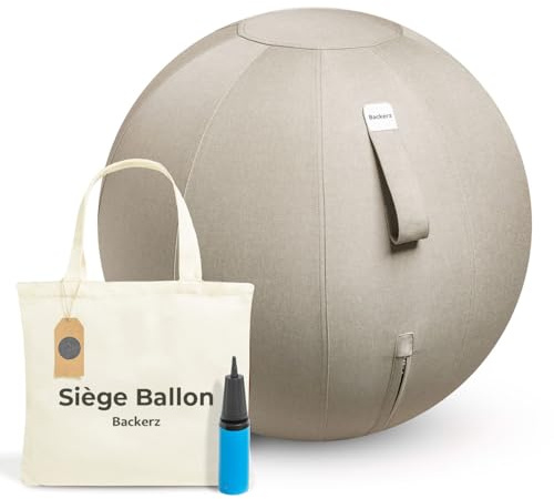 Backerz Sitzball Büro Ergonomisch 65 cm, Ergonomische Sitzmöbel für Büro und Heimbüro, Langlebiger Stoff, Gymnastikball - Fitness-Ball, Ballstuhl mit Ballauflage - Waschbarer Leinenbezug - Cremegrau