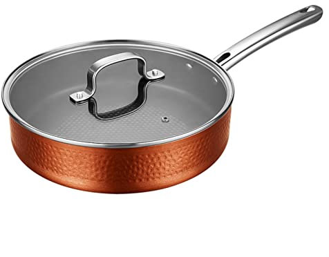 LINFFSTR Nonstick stekpanna för kök Hamrad kopparpanna för stekning 5-lagers struktur Omelettpannor Äggpanna för gas Elektrisk Induktionshällar (Color : Frying pan with lid, Size : 24cm)
