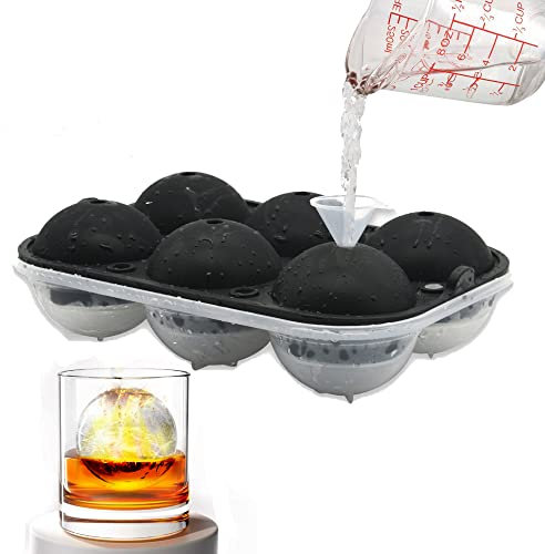 Silicone Ice Ball Maker Moulds XL, 6cm(2.3inch) Sphere Ice Cube Mold with Lid - Great for Jelly Milk Juice Chocolate Moulds or Cocktails Whiskey & Plastic Funnel (6) Black Large Ice Ball Mould