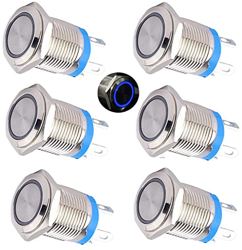 RUNCCI-YUN 6 Pezzi 12-24 V Interruttore Pulsante 12mm,Pulsante Momentaneo in Metallo Impermeabile DIY Pulsante Rotondo ON OFF per Auto Campanello con Luce LED ad Anello Blu(Testa Piatta)