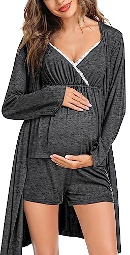 SWOMOG Womens Maternity Robe Set 3 Piece Nursing Pajamas for Breastfeeding 3 in 1 Labor Delivery Hospital Pregnancy Pjs Deep Grey