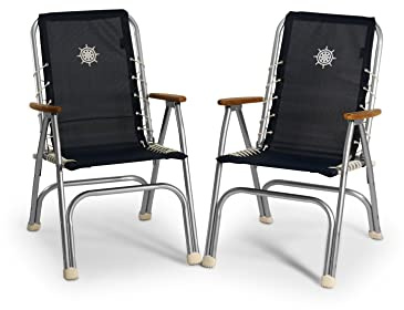 FORMA MARINE Boat Chairs High Back Navy Blue Vinyl MESH Deck Folding Marine Aluminum Teak Furniture Set of 2 M150VNB