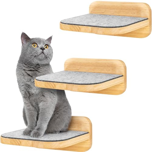 HAPPYPET Katzentreppen 3er-Set für Wandmontage - Nachhaltiges Hartholz, Designer Kletterwand Katzen, Katzentreppe mit Filzbezug, Katzenleiter, Katzenwand zum Klettern, Catwalk, Größe L 22 x 24 cm