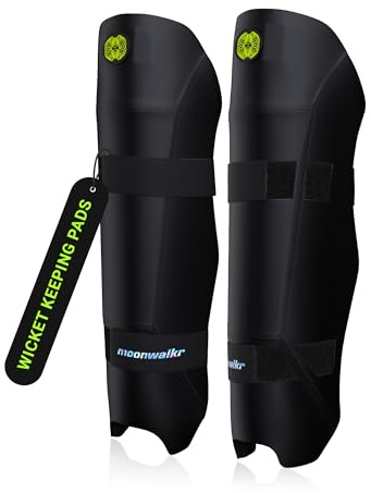 moonwalkr Cricket Wicket Keeping Shin Guards Cricket Guard for Keeper's Height (5'4-6'6) Wicket Keeping Pads Super Slim Gear Comes with a 3-inch Strap (Black, Adult)
