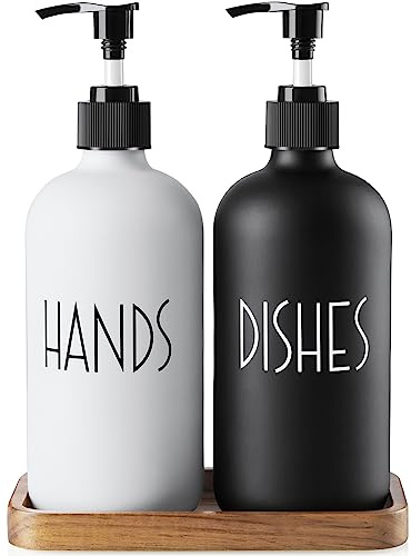 ALELION Glass Dish Soap Dispenser for Kitchen - 16 OZ Hand Soap Dispenser Set with Pump and Acacia Wood Tray - Black White Modern Farmhouse Kitchen Bathroom Decor and Accessories