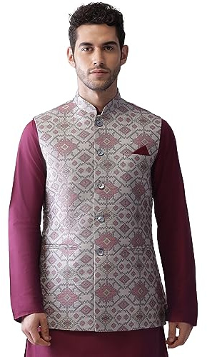 KISAH Men's Grey Jacquard Silk Blend Nehru Jacket- Traditional Indian Waistcoat for Weddings & Royal Parties